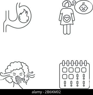 Pixelperfekte lineare Symbole für Symptome der frühen Schwangerschaft festgelegt. Sodbrennen im Magen. Schwanger fühlen. Anpassbare Kontursymbole mit dünnen Linien. Isoliert Stock Vektor