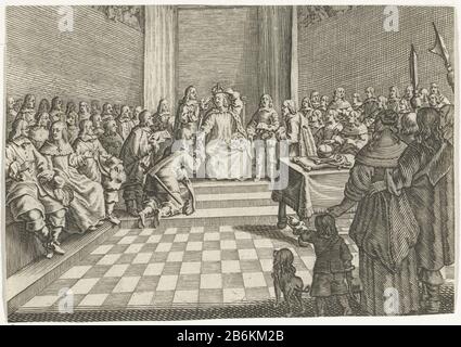 Eine Krönung Vieler Figuren in einem Innenraum, in dem ein Mann in der Mitte gekrönt wird. Seine rechte Hand wird von einem knienden Mann geküsst. Auf der linken Seite befindet sich ein Tisch mit Schwert, Schlüssel und Orb. Im Vordergrund ein zeigendes Kind und ein Hond. Hersteller : Druckmaschine: Christiaan Hagen Herstellung: Amsterdam dating: CA. 1663 - 1695 Physikalische Merkmale: Engras- und Ätzmaterial: Papiertechnik: Engraa (Druckverfahren) / Ätzmaße: Blatt: H 92 mm × W 130 mm Subjekt: Pflaster, Boden  Architektur kniende Figurenreinsignien und Symbole oder Souveränität (Krone, diadem, Zepter, Orb, Siegel, Ständer Stockfoto