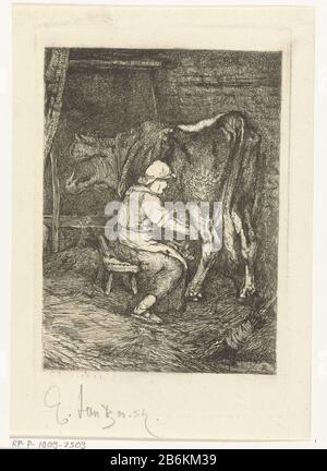 Eine Kuh wird im Stall EINER Kuh in der Scheune gemolken Objektart: Bild Artikelnummer: RP-P-1909-2503Katalogogusreferentie: Sammlung Rijksmuseum 1 (2) Hinweis: Auf der Grundlage der Sammlung RMA-Aufschriften/Marken: Sammlermarke, Verso, gestempelt: Lugt 2228signatuur, links, Handschrift: 'G. Jan Bos sc.' Hersteller : Druckerhersteller Gerard Jan Bos (persönlich unterzeichnet) Ort Herstellung: Antwerpen Datum: 1880er Physikalische Merkmale: Ätzmaterial: Papiertechnik: Ätzmaße: Plattenkante: H 190 mm × W 125 mmToelichtingColle. La Faille Betreff: Melken (+ drinnen, im Labor, in der Fabrik, in der Scheune usw.) Stockfoto