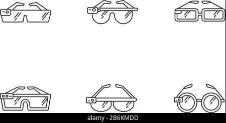 Smart Brille Pixel perfekte lineare Symbole gesetzt. Smartgläser. Tragbare Geräte. Erweiterte Realität. Anpassbare Kontursymbole mit dünnen Linien. Isoliert Stock Vektor