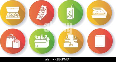 Essen zum Mitnehmen flaches Design mit langen Schatten-Glyphe-Icons. Packungen zum Essen durchführen. Fast Food Lieferung. Abgepackte Pizza, Sandwich, Hamburger. Nehmen Sie Heraus Stock Vektor