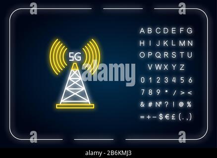 Symbol für Neonlicht im 5G-Zellturm. Wireless-Technologie. Schnelle Verbindung. Mobilfunknetzabdeckung. Äußere leuchtende Wirkung. Zeichen mit Alphabet, Zahlen und Stock Vektor