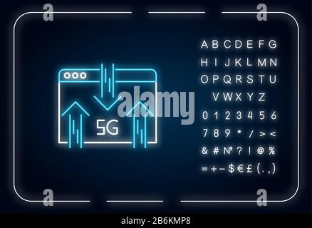 Symbol für Neonlicht im 5G-Webbrowser. Internet-Browsing. Wireless-Technologie. Datenübertragung. Äußere leuchtende Wirkung. Zeichen mit Alphabet, Zahlen und Stock Vektor