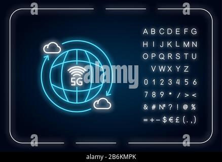 Symbol für Neonlicht mit 5G-Funktechnologie. Globaler Standard. Cloud-Computing. Netzabdeckung. Äußere leuchtende Wirkung. Zeichen mit Alphabet, Zahlen und Stock Vektor