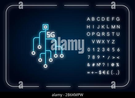 Symbol für 5-G-Chip-Neon-Licht. Mikrochip, Mikrokreislauf. Mobiles Mobilfunknetz. Wireless-Technologie. Äußere leuchtende Wirkung. Zeichen mit Alphabet, Zahlen und Stock Vektor