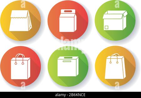 Papier-Lebensmittel-Pakete flaches Design lange Schatten Glyphe Symbole gesetzt. Kartons, Beutel für Produkte, Mahlzeit. Einwegbehälter für Mittagessen, Lebensmittelgeschäft Stock Vektor