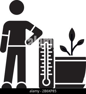 Einpflanzen Temperaturbereich schwarz Glyphe Symbol. Bereitstellung der richtigen Lufttemperaturbedingungen für Pflanzen. Pflanzprozess. Gartenarbeit im Innenbereich. Silhouette Stock Vektor