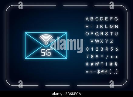 5G-Symbol für Neon-Licht im Umschlag. E-Mail-Austausch. Messaging. Mobiles Mobilfunknetz. Kommunikation. Äußere leuchtende Wirkung. Zeichen mit Alphabet, Zahlen und Stock Vektor