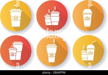 Kaffee für den flachen Entwurf lange Schatten Glyphe Icons Set. Einwegbecher aus Kunststoff mit Koffeingetränken. Nehmen Sie kalte und heiße Getränke heraus. Latte, Cappuccino Stock Vektor