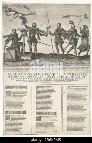 Spinola Tribut, CA 1607 Links ist Spinola Arrows, um die spanische Krone zu drehen. Er sitzt auf dem Petra-Fidei und die Krone steht auf einem Sockel: Sicut scabellum. Außer Spinola ist Bucquoy, der die Haare zieht, schwimmt Fortuna (Occasio) über ihm. Rechts sind Maurice und ein Krieger auf den dornigen Ästen, die vom spanischen Banner gebrochen wurden. Sie jagen mit Janus eine Frau weg: Fuge fuce. Mit der Unterschrift von vier Versen mit je vier Zeilen in lateinischer Sprache. Unterhalb des Drucks ein Blatt mit drei Textspalten in lateinischer und duischer Sprache geklebt. Hersteller : Druckhersteller: Anonymer Standort Herstellung: Südniederland Stockfoto