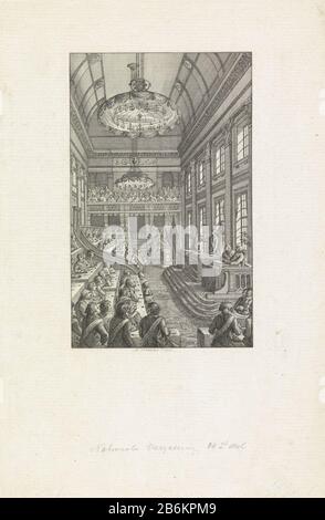 Erste Nationalversammlung in den Haag, 1796 Erste Sitzung der Nationalversammlung in den Haag, vom 1. März 1796 bis 31. August 1797. Gesicht im Tagungsraum (ehemaliger Festsaal des kaiserlichen Palastes des Gouverneurs) mit den Mitgliedern, alle mit Band als Vertreter. Richtige Rede der Vorsitzende Pieter Paul Mitglieder und Staaten haben die Nationalversammlung gegründet. Im Hintergrund die ganze öffentliche Tribüne. Hersteller: Druckmaschine: Reinier Vinkeles (I) (denkmalgeschütztes Gebäude) Ort Herstellung: Niederlande Datum: 1805-1805 Physische Merkmale: Ätzung und Engras, Proofing vor dem Briefmaterial: Papier Tech Stockfoto