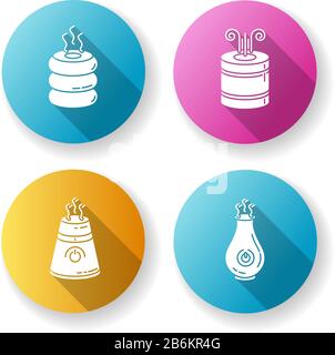 Eingeschalteter Luftbefeuchter flaches Design mit langen Schatten-Glyphe. Symbole festgelegt. Luftreinigungsgeräte, Haushaltsgeräte zur Klimaregelung, Feuchtigkeitsregler für Räume Stock Vektor
