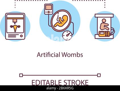 Symbol für künstliches Frauenkonzept. Medizinisches Gerät. Entwicklung des Fötus. Babylebenshilfe. Reproduktionstechnologie - dünne Linien. Vektor Stock Vektor