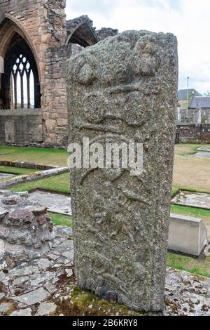 Die aus dem 9. Jahrhundert geschnitzte Kreuzplatte aus Pictisch im Gelände der Kathedrale von Elgin Stockfoto