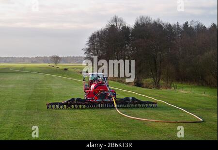 Moderne Landwirtschaft: Injektion von Flüssigdünger in Rasenflächen mit einem Schleppschlauchapplikator Stockfoto