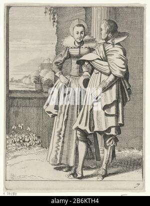 Elegant gekleidetes Paar G Costumes (Serietitel) Elegantes Paar, gemäß dem Modus ca. 1620 gekleidet, vor einem Fenster in einer Wand stehend. Siebtes Bild einer Serie von acht Kostuumprenen. Hersteller : Druckhersteller Jan van de Velde (II) Herausgeber: Claes Jansz. Visscher (II) Ort Herstellung: Amsterdam Datum: 1603 - 1652 Körperliche Merkmale: Ätzung und Engra-Material: Papiertechnik: Ätzung/Engra-Messungen: Plattenkante: H 133 mm × W 100 mm Betreff: Kleidung, Kostüm (+ Männerkleidung) Kleidung, Kostüm (+ Damenbekleidung) Nackenzahnrad: Kragen (+ Frauenkel Stockfoto