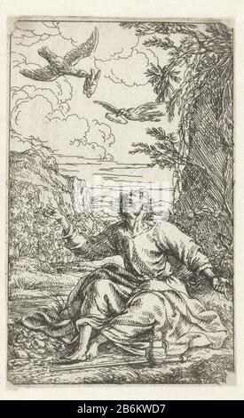 Elijah wird von Raben in der Wüste gespeist Elijah sitzt auf dem Boden in einer Landschaft, ein Stock zu seinen Füßen eine Kanne. Er sucht Nach Wo: Zwei Raben fliegen mit Brot und Fleisch in ihrem bek. Hersteller : Druckerhersteller Jonas-Umbachnaar eigenes Design: Jonas-Umbachplaats Herstellung: Augsburg Datum: 1634 - 1693 Physikalische Merkmale: Ätzmaterial: Papiertechnik: Ätzmaße: Blatt: H 120 mm × b mm Betreff 76: Elijah ernährt sich von den Raben (s): Während der Prophet am Bach liegt, bringen Raben ihm Essen Stockfoto