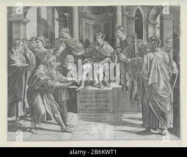 Elymas traf blindheiden Geslagen Im Vordergrund, die Elymas blind umher betrafen. Gouverneur Sergius Paulus sitzt mit seinen Offizieren um ihn herum auf seinem Thron und hält die Fasces. Paul ist direkt vor dem Arm ausgestreckt. Auf dem Thron ein vijfregeliger Text in Latijn. Hersteller : Druckmaschine: Agostino Veneziano (Listed Property) entworfen von: Rafael Place Manufacturer: Italien Datum: 1516 Physikalische Merkmale: Fahrzeugmaterial: Papiertechnik: Enra (Druckverfahren) Abmessungen: Blatt: H 263 mm (Innenkante der Schnittplatte.) 339 mm × W (Innenkante der Platte geschnitten.) Hinweise auf die von Raphael im R gemalte Pappe Stockfoto