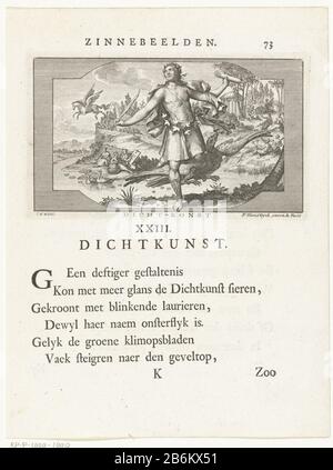 Embleem traf Allegorie op dichtkunst Dicht-konst (titel op object) Emblem mit allegorischer Poesie, die als Mann mit Papier und Stift und Lorbeerkranz auf dem Kopf dargestellt wurde. Der Adler illustriert, dass die Flucht dem Dichter Poesie bringen kann, sagte das Gedicht unter der Aufführung. In der Landschaft spielen die Musen auf dem Berg Parnassus und Apollo seine Harfe, während Pegasus fliegt. Das Gedicht setzt sich auf dem Verso fort. Hersteller : Druckmaschine: François Bleys Wyck (denkmalgeschütztes Gebäude) im Entwurf: François Bleys Wyck (denkmalgeschütztes Eigentum) Herstellung: Leiden Datum: 1681-1737 und/oder 1737 Physische Merkmale: Ätzmaterial: Stockfoto