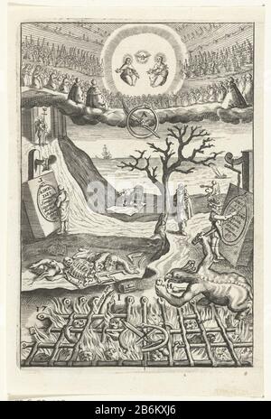 Embleem traf den Mann, der sich über de keuze tussen leven in deugd of leven in zonde den wech des eeuwich levens (serietitel) ein Mann, der sich unsicher war, wie sein Leben auf einem Zweierknotenpunkt zu gehen war. Eine Straße führt zu einem Leben der Tugend für die Ewigkeit und die andere weg von einem Leben der Schuld, das zur Hölle führt. Er sollte sich überlegen, ob er seine Wahl nach seinem Tod bedauere, so die Anweisungen in der Meditationsaufhaltung. Hersteller: Zu drucken von: Boëtius Adamsz. Bolswerttprentmaker: Anonymer Herausgeber: Henry Aertsens Place Herstellen: Antwerpen Datum: 1620 - 1649 und / oder 1649 Physische Merkmale: Fahrzeugmaterial Stockfoto
