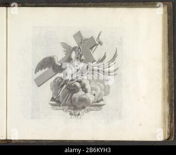 Engel traf de passiewerktuigen van Christus Numismata virorum illustrium ex Barbadica gente (serietitel) EINE Konsole mit einem auf einer Wolke sitzenden Engel. Engel Tragen wenige Werkzeuge Leidenschaft für Christus, das Kreuz, seine Dornenkrone, die Lanze und den Schwamm. Palmblatt, das auf das Martyrium Christi hinweist. Der Druck ist Teil eines Albums. Hersteller: Druckmaschine: Robert Audenaerd (denkmalgeschütztes Gebäude) Auftraggeber: Giovanni Francesco Barbarigo (denkmalgeschütztes Eigentum) Ort Herstellung: Rom Datum: 1673 - 1743 Physikalische Merkmale: Fahrzeugmaterial: Papiertechnik: Engra (Druckverfahren) Abmessungen: Plattenkante: H 184 mm × W 180 mm Stockfoto
