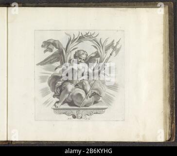 Engel traf Boek en hellebaard Numismata virorum illustrium ex Barbadica gente (serietitel) EINE Konsole ein Engel, der auf einer Wolke sitzt und von einem Lorbeerkranz umgeben ist. In seinen Händen ein Buch und ein Halbband. Der Druck ist Teil eines Albums. Hersteller: Druckmaschine: Robert Audenaerd (denkmalgeschütztes Gebäude) Auftraggeber: Giovanni Francesco Barbarigo (denkmalgeschütztes Eigentum) Ort Herstellung: Rom Datum: 1673 - 1743 Physikalische Merkmale: Fahrzeugmaterial: Papiertechnik: Enga (Druckverfahren) Abmessungen: Plattenkante: H 180 mm × W 178 mm Betreff: Engelengarland, Kränze Waffen, Polarme (für markante, Hacken, Racken, Thrben: Thru) Stockfoto