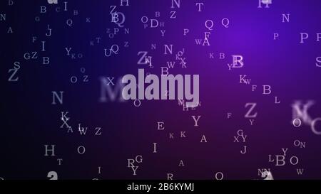 Abstraktes Alphabetornament auf Farbhintergrund. Design Konzept für das Schreiben von Bildung. Zufällige Buchstaben fliegen. 3D-Abbildung. Stockfoto