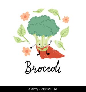 Broccoli lustige Superhelden-Zeichentrickfigur. Vektordarstellung isoliert. Konzept der gesunden Ernährung, vegetarisch. Brokkoli haben abstrakten, Cartoon, handgezeichneten Stil. Stock Vektor