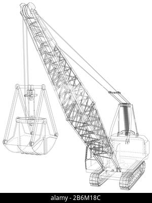 Wanderdragline, Mobile Baggermaschine für den offenen Bergbau. Die Ebenen der sichtbaren und unsichtbaren Linien werden getrennt. Drahtrahmen. Stock Vektor