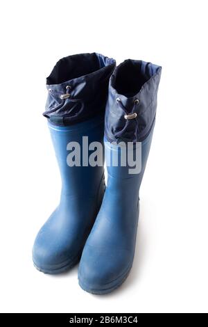 Paar blaue EVA-Gummistiefel isoliert auf Weiß Stockfoto