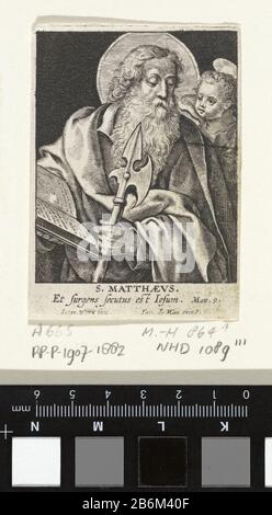 Der Evangelist Matteüs traf sich mit einem opengeslagenen Boek in der Hand. Naast hem zijn attribuut de engel. In de marge een Bijbelcitaat uit Mat. 9 in het Latijn. Hersteller: Pretmaker: Antonie wie: Rix (II) (vermeld op object)uitgever: Jacobus de Man (I) (vermeld op object)Plaats Herstellung: Antwerpen dating: 1676 - 1719 Physische Kenmerken: Gravurmaterial: Papier Techniek: Graveren (Drukproceé) Abmessungen: Blad: H 83 mm × und das mögliche Thema: Matthew Mathe (Mathe). Angel, Axt, Buch, halberd, Stift und Inkhorn, Geldbörse, Schriftrolle, Quadrat, Schwert Stockfoto