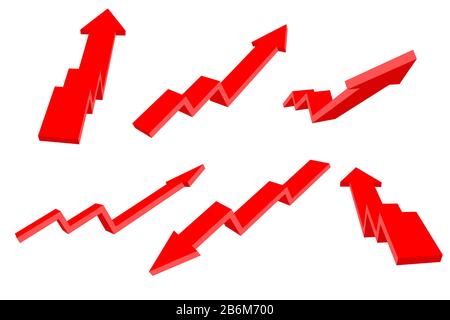 Finanzielle Pfeile. Rote 3D-Schilder nach oben und unten Stock Vektor