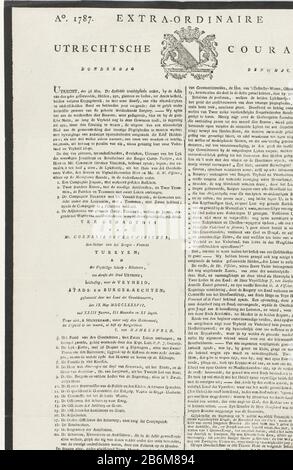 Utra-Ordinaire Utrechter Courant van 17 mei 1787 Extraordinaire Utrechtse Courant Donderdag den 17. Mai Ao 1787 Nr. 7 (titel op object) Folge Nr. 7 des Extra-Ordinary Utrechter Gazette vom 17. Mai 1787 mit einer Aufzeichnung des Bestattungsvertreters Cornelis Visscher (getötet im Kampf nahe Vreeswijk am 9. Mai) In Utrechter gedruckt im Jahr 1787. Journal am 15. Mai. Schwarze Trauerkränze, Text in zwei Säulen oben auf einem Wappen von Utrechter. Hersteller : Herausgeber: Anonymer Ort Herstellung: Utrechter Datum: 17. Mai 1787 Physische Merkmale: Textdruck mit Vignettenholzschnittmaterial: Papiertechnik: Briefpresse Stockfoto