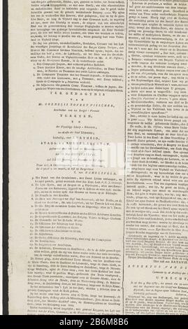 Utra-Ordinaire Utrechter Courant van 17 mei 1787 Extraordinaire Utrechtse Courant Donderdag den 17. Mai Ao 1787 Nr. 7 (titel op object) Folge Nr. 7 des Extra-Ordinary Utrechter Gazette vom 17. Mai 1787 mit einer Aufzeichnung des Bestattungsvertreters Cornelis Visscher (getötet im Kampf nahe Vreeswijk am 9. Mai) In Utrechter gedruckt im Jahr 1787. Journal am 15. Mai. Schwarze Trauerkränze, Text in zwei Säulen oben auf einem Wappen von Utrechter. Hersteller : Herausgeber: Anonymer Ort Herstellung: Utrechter Datum: 17. Mai 1787 Physische Merkmale: Textdruck mit Vignettenholzschnittmaterial: Papiertechnik: Briefpresse Stockfoto