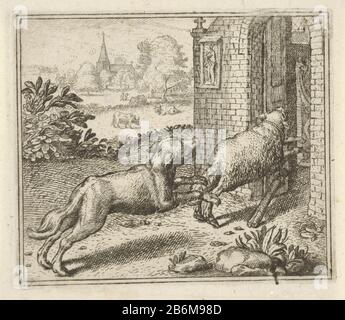 Fabel van de Wolf en het schaap EIN Schaf betreibt eine Kirche, gefolgt von einem Wolf. Die Fabel beschreibt, wie ein Wolf ein Schaf jagt und in einer Kirche gefangen ist. Die Moral der Geschichte lehrt, dass bessere Appetithäppchen bettgehen können. Hersteller: Zu drucken von: Aegidius Sadelerprentmaker: Anonym zu drucken von Marcus Gheeraerts (I) zu entwerfen: Marcus Gheeraerts (I) Herausgeber: Aegidius SadelerPlaats Herstellung: Prag Datum: 1608 - 1679 Physische Merkmale: Ätzmaterial: Papiertechnik: Ätzmaße: Plattenkante: H 95 mm × W 113 mmToelichtingKopie im Spiegelbild zu Marcus Gheeraerts. Betreff: Stockfoto