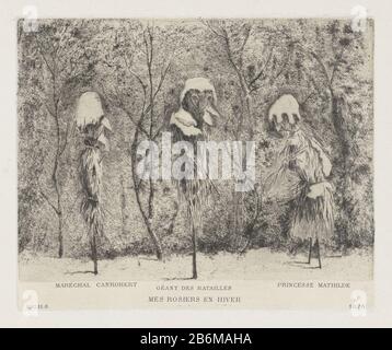 Fantasie-compositie over de Frans-Duitse oorlog Mes rosiers en hiver (titel op object) Drei gegen Frost mit strohgepackten, schneebedeckten Stammrosen. Die Bildunterschriften, die die Rosensträucher mit Figuren aus dem französisch-preussischen Krieg identifizieren: François Gewisse Canrobert und Mathilde Bonaparte. Hersteller : Druckerhersteller Louis Charles Hora Siccama (unter Denkmalschutz stehendes Gebäude) Vom: 1876 Physikalische Merkmale: Ätzung und Trockenpunkt auf Chine-Collé-Material: Papier-Chine-Collé-Technik: Ätzung / Trockenpunktmessungen: Plattenkante: H 147 mm × W 180 mm Betreff: Blumen: Rosafarbener Schutz vor Beschädigung und Verlust  Agracul Stockfoto