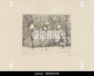 Fantasie-compositie betretend über de Frans-Duitse oorlog Mes rosiers en hiver (titel op object) Drei gegen Frost mit strohgepackten Stammrosen, die mit Schnee bedeckt sind. Die Bildunterschriften, die die Rosensträucher mit Figuren aus dem französisch-preussischen Krieg identifizieren: François Gewisse Canrobert und Mathilde Bonaparte. Hersteller : Druckerhersteller Louis Charles Hora Siccama (unter Denkmalschutz stehendes Gebäude) Vom: 1876 Physikalische Merkmale: Radierung und Trockenpunkt Material: Papiertechnik: Radierung / Trockennadelgröße: Plattenkante: H 147 mm × W 180 mm Betreff: Blumen: Rosenschutz gegen Schäden und Verlust  Landwirtschaft französisch-deutsches Haferl Stockfoto