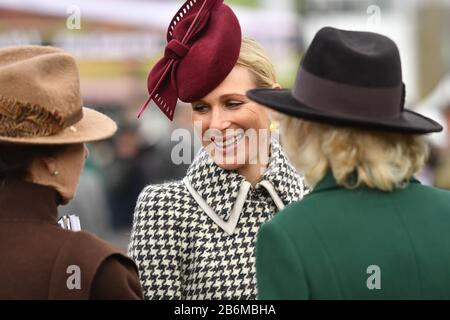 Zara Tindall (Mitte) und die Prinzessin Royal (links) mit der Herzogin von Cornwall, während sie am Cheltenham Festival auf der Cheltenham Racecourse den Ladies Day besucht. Stockfoto