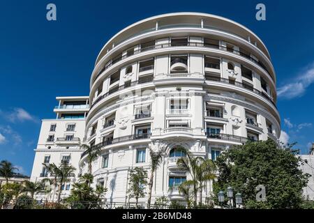 Die Außendetails des Hermitage Hotels in Monaco. Stockfoto