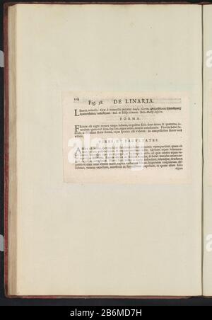 Abb. 58 "de Linaria" in De Boodts Herbarium van 1640 Abb. 58 'The Linaria' im Herbarium von Boodts 1640 Objekttyp : Textblatt Artikelnummer: RP-T-BR-2017-1-12-64 (V) Beschreibung: Beschreibung mit Bezug auf ABB. 58 auf S. 114: Anselmi Boëtii The Boot I.C. Brugensis & Rodolphi II Imp. Roman: Eine medizinische Cubiculis Florum, Herbarum, ac Fructuum selectiorum icones und vires pleraeque hactenus ignotae. Teil des Albums mit Blättern und Platten aus dem Boodts-Herbarium von 1640. Die zwölften zwölf von Kaiser Rud in Auftrag gegebenen Alben mit Aquarellen von Tieren, Vögeln und Pflanzen sind um 1600 bekannt Stockfoto