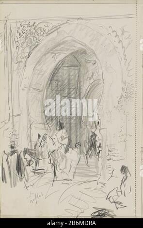Abbildungen an einem Tor, vermutlich das Tor von Bab Mansour in Meknès Objekttyp: Skizzenblatt Artikelnummer: RP-T-1949-677-96 Aufschriften / Marken: Farbnotiz handschriftliche Beschreibung: Seite 96 eines Skizzenbuchs mit 66 bladen. Hersteller : Zeichner: Marius Bauer Ort Herstellung: Marokko Datum: 1923 Körperliche Merkmale: Bleistift-Material: Papier Thema Bleistift: Straße (+ Stadt (-scape) mit Figuren, Mitarbeiter) Tor, Eingang Stockfoto