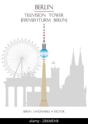 Farbenfroher Vektor-Fernsehturm (Fernsehturm Berlin) mit Vorderansicht, berühmtes Wahrzeichen von Berlin. Vertikale Vektor-Flachdarstellung isoliert auf WH Stock Vektor