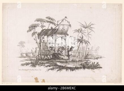 Figuren traf Manden op oever chinesische Genrestukken in Landschappen (Serietitel) in einem Holzbau am Ufer eines Flusses gibt es eine stehende und sitzende Figur mit Körben. Eine dritte Figur mit einem Stock mit zwei Blasen dahinter in gebouw. Hersteller: Druckmaschine: Pierre Charles Canot (denkmalgeschütztes Eigentum) entworfen von Jean Baptiste Pillement (denkmalgeschütztes Gebäude) Herausgeber: Anonym (denkmalgeschütztes Eigentum) Ort Herstellung: London Datum: 1-mar-1759 Physikalische Merkmale: Ätzmaterial: Papiertechnik: Ätzmaße: Plattenkante: H 275 mm × W 431 mm Betreff: Stehende Abbildung Behälter aus Plan Stockfoto