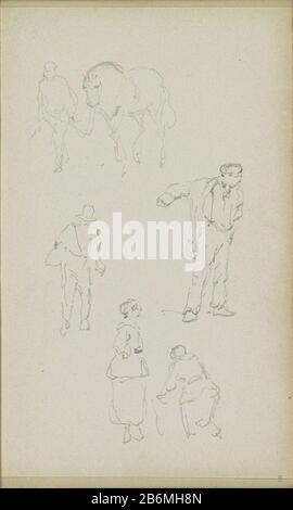 Figurenstudien Abbildung Objekttyp: Skizzenblatt Artikelnummer: RP-T-1996-10-8 (R) Beschreibung: Über einem Mann mit einem Pferd an den Zügeln. Hinterließ einen Mann, der von hinten über seine Schulter mit einer Tasche gesehen wurde. Rechts, ein Mann, der seine Jacke anhält oder auszieht. Unter zwei Frauen, von denen man die Wäsche waschen darf. Blatt 8 aus einem Skizzenbuch mit 69 Klingen in der Nähe von Delft, Rotterdam, Oudewater und Harlingen. Hersteller: Künstler: Adrian Evers Herstellung: Niederlande Datum: CA. 18-1897 Körperliche Merkmale: Bleistift-Material: Papierbleistift-Thema: Pferd Erwachsene Mana dult Frau Stockfoto
