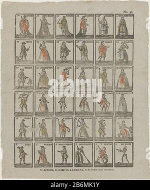 Floskaartjes Blatt mit 36 Spielkarten (Floskaartjes) mit Darstellungen verschiedener Figuren. Die Bilder sind achtzehn Paare in absteigender Reihenfolge von oben links nach unten rechts, Nummer 36 Nummer 1 über der Frau mit dem Mann nur eine Zahl auf den beiden niedrigsten Zahlen, nachdem sie siebzehn Paare, Ehemann und Frau zeigen, Wo: Jedes Paar eine Handlung oder eine soziale Position. Oben rechts nummeriert: Nr. 33. Hersteller : Herausgeber: Preserve H. Rynders (denkmalgeschütztes Gebäude) Druckerhersteller: Anonymer Ort Herstellung: Herausgeber: Amsterdam Druckautor: Niederlande Datum: 34-307 Physische Merkmale: Holzschnitt col Stockfoto