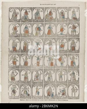 Floskaartjes Het nieuwe vermakelijke kaerte spel (titel op object) Leaf mit 36 Spielkarten (floskaartjes) mit Darstellungen verschiedener Figuren. Die Bilder sind achtzehn Paare in absteigender Reihenfolge von oben links nach unten rechts, Nummer 36 Nummer 1 über der Frau mit dem Mann nur eine Zahl auf den beiden niedrigsten Zahlen, nachdem sie siebzehn Paare, Ehemann und Frau zeigen, Wo: Jedes Paar eine Handlung oder eine soziale Position. Nummeriert rechts: 13. Hersteller : Herausgeber: Pressure Henry van der Putte (auf dem Objekt angegeben) Druckerhersteller: Anonymer Standort Herstellung: Herausgeber: Amsterdam Print Autor: Stockfoto