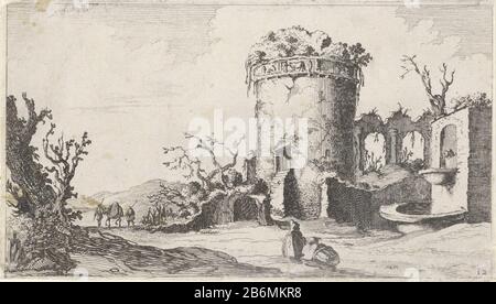 In einer Landschaft befindet sich eine Ruine mit Rundturm und Springbrunnen. Entlang der Ruine ziehen zwei Menschen mit einem Pferd. Im Vordergrund stehen einige Figuren, die die Ruinen betrachten sollen. Der Druck gehört zu einer Serie von zwölf Landschappen. Hersteller: Druckmaschine: Gillis Scheyndel (I) entworfen von Antoine Perelle (möglich) Ort Herstellung: Niederlande Datum: 1605 - 1653 Physikalische Merkmale: Ätzmaterial: Papiertechnik: Ätzmaße: Plattenkante: H 96 mm × W 169 mm Betreff: Landschaft mit Ruinen'en Route', Reisender unter wayornamentalem Brunnen Stockfoto