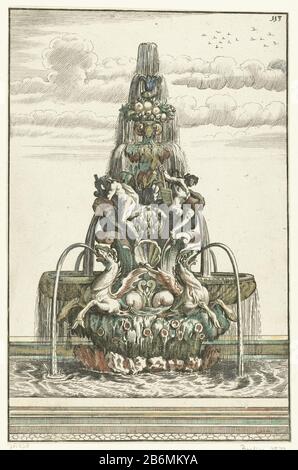 Fontein in de vorm van een piramide Architectura Curiosa Nova (Serietitel) Der Brunnen ist mit geflügelten Seepferdchen, Meeresgötern, Muscheln, Vasen mit Blumen und Früchten dekoriert. Journal 113 Teil III einer Serie bestehend aus 226 Seiten, aufgeteilt in vier Bücher mit jeweils eigenem Titelblad. Hersteller : Entwurf von Georg Andreas Böcklerprentmaker: Anonymer Drucker: Christoph Gerhard Verlag: Paul Fürst Herstellung: Design Deutschlands (möglich) Druckmaschine: Deutschland (möglich) Drucker: Nürnberg Herausgeber: Nürnberg Datum: 1664 Physikalische Merkmale: Radierung, handfarbig mit Krijt. Material: Papier Stockfoto