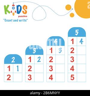 Einfache, bunte Mathe-Zählung und schreiben Sie Arbeitsblattübung für Kinder in der Vorschule und Grundschule. Stock Vektor