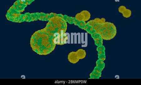 3D Illustration, künstlerische Darstellung von Coronavirus-infizierten Zellen Stockfoto